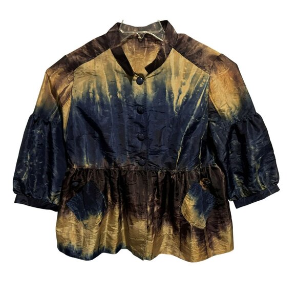 Y2K Artsy Tie-Dye Babydoll Top Balloon Sleeve Mandarin Collar Vtg Retro Sz M - Picture 1 of 6